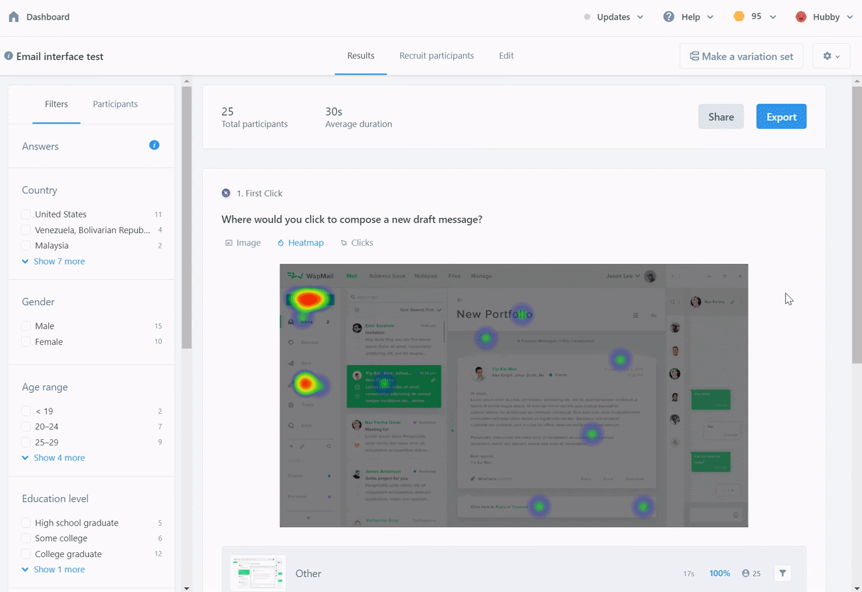 Viewing heat maps on email interface test in Usability Hub